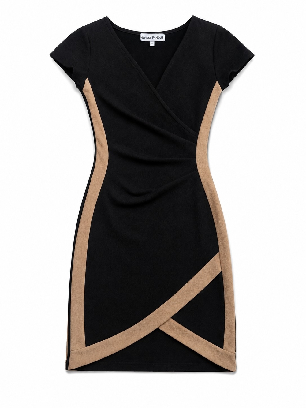 Almost Famous Black and Tan Colorblock Wrap Mini Dress